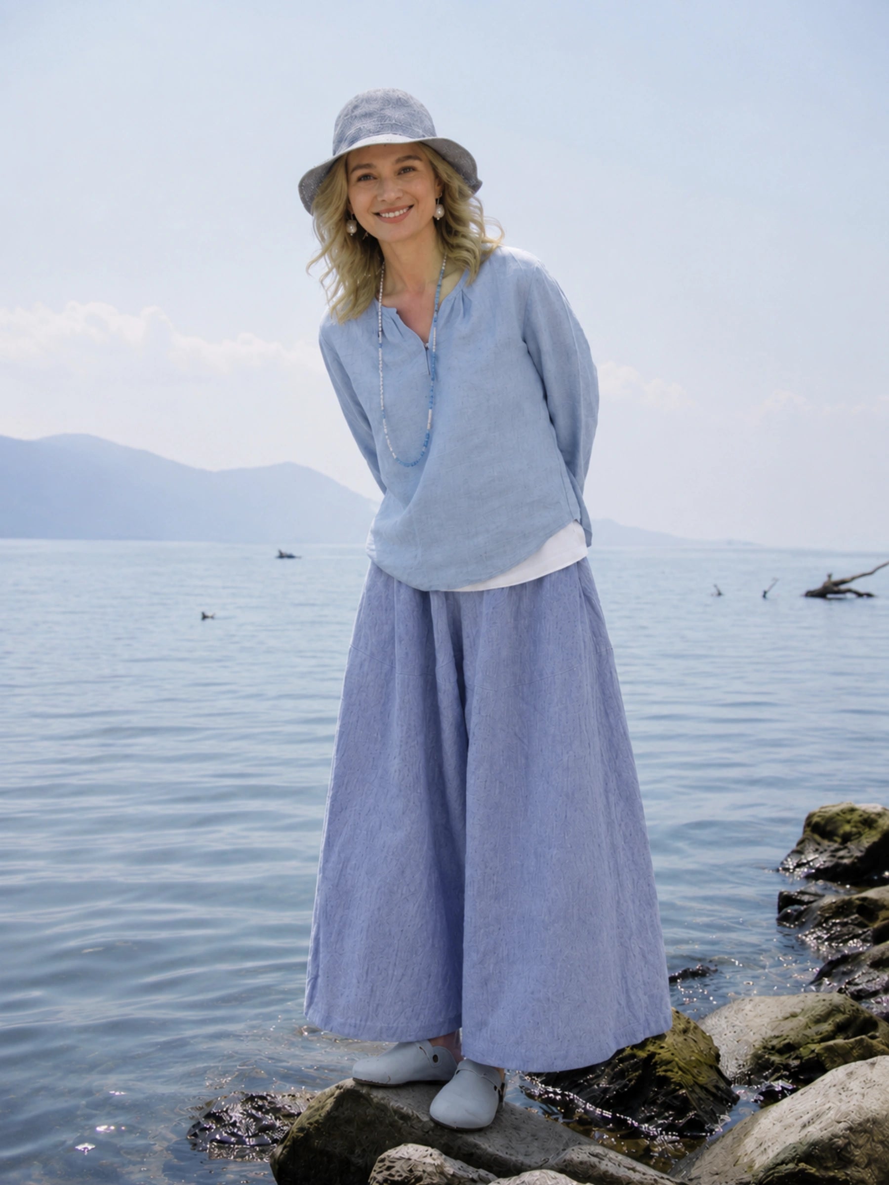 100% Linen Elastic Waist Wide Leg Pants