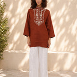 100% Linen Floral Embroidery Boho Tunic