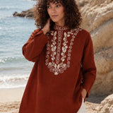 100% Linen Floral Embroidery Boho Tunic