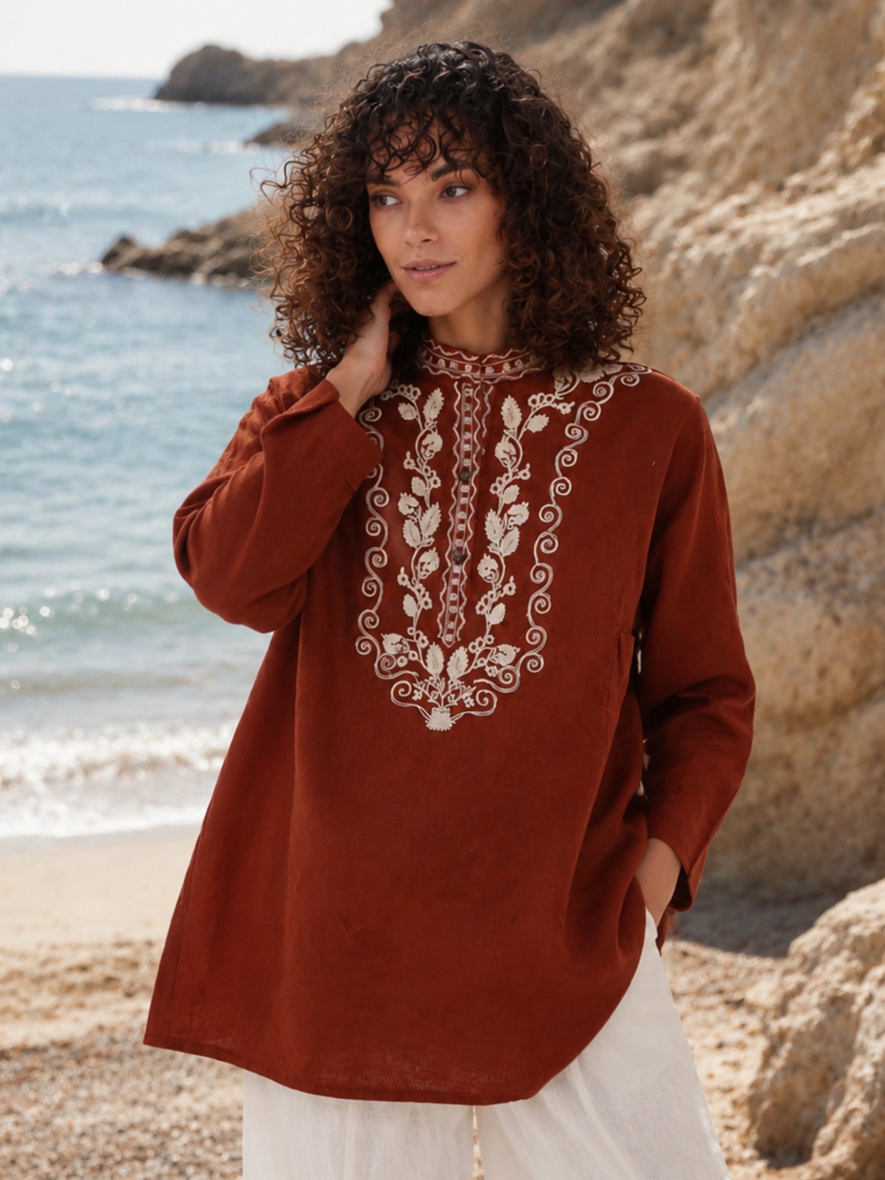 100% Linen Floral Embroidery Boho Tunic