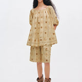 100% Linen Floral Print Elastic Bubble Sleeve Blouse