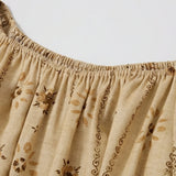 100% Linen Floral Print Elastic Bubble Sleeve Blouse