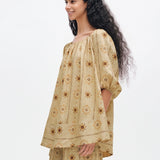 100% Linen Floral Print Elastic Bubble Sleeve Blouse