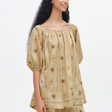 100% Linen Floral Print Elastic Bubble Sleeve Blouse
