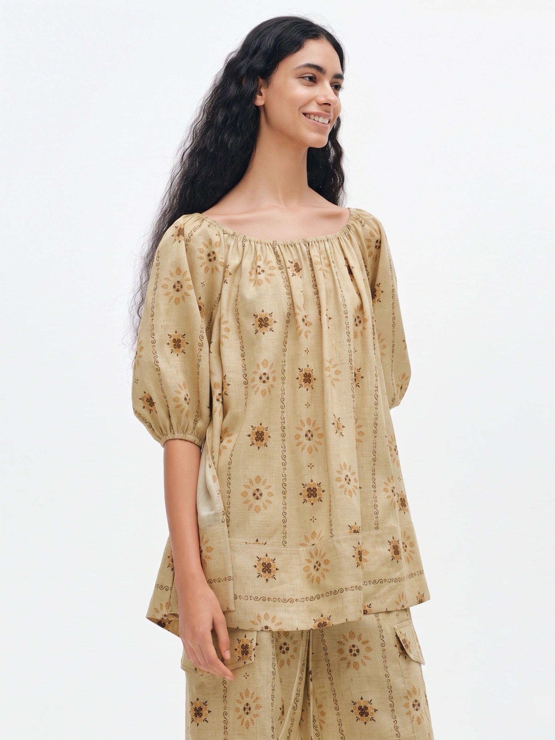 100% Linen Floral Print Elastic Bubble Sleeve Blouse