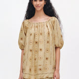 100% Linen Floral Print Elastic Bubble Sleeve Blouse