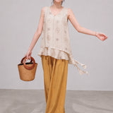 100% Linen Floral Print Ruffle Hem Tank Top