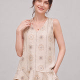 100% Linen Floral Print Ruffle Hem Tank Top