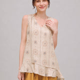 100% Linen Floral Print Ruffle Hem Tank Top
