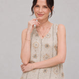 100% Linen Floral Print Ruffle Hem Tank Top