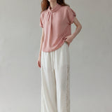 100% Linen Fold-Over Collar Rolled Sleeve Blouse