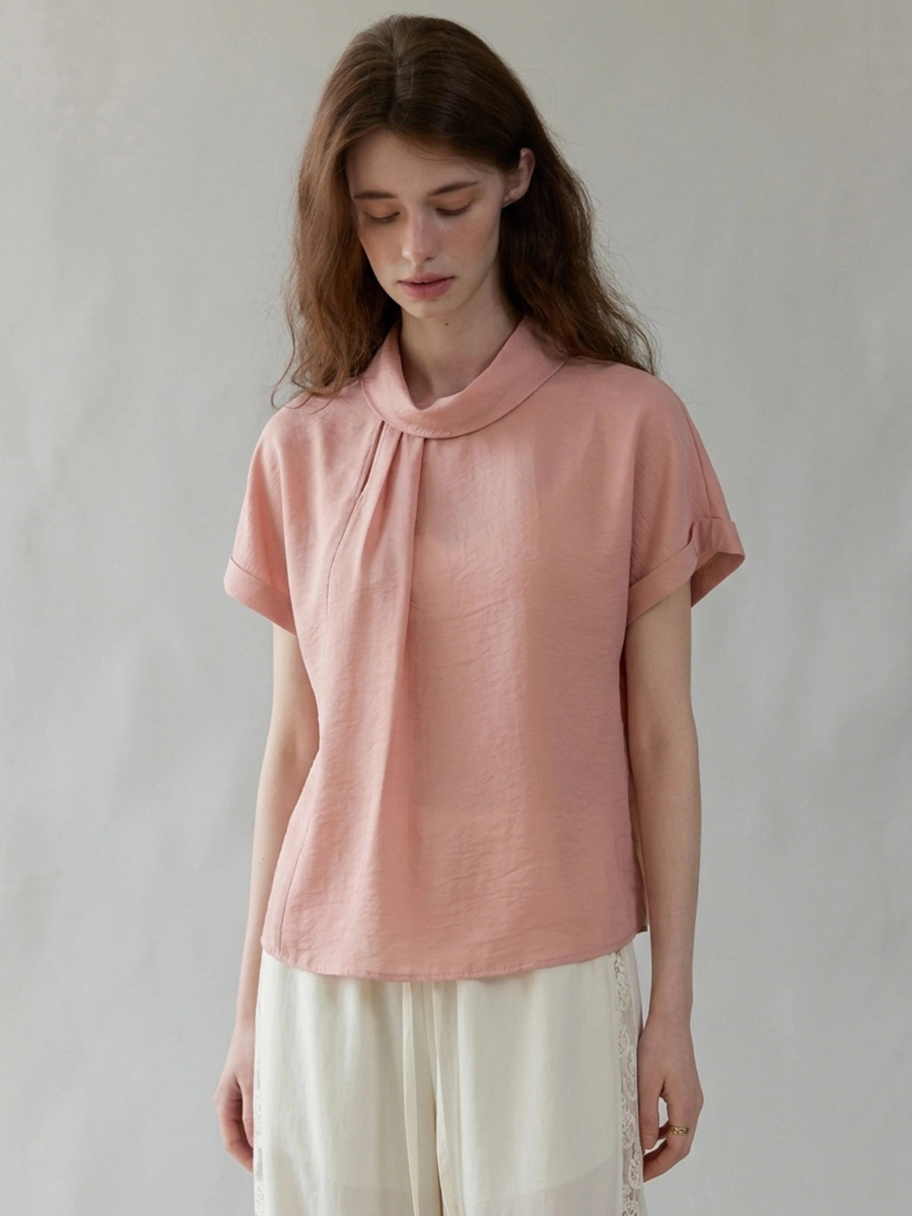 100% Linen Fold-Over Collar Rolled Sleeve Blouse