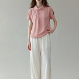 100% Linen Fold-Over Collar Rolled Sleeve Blouse