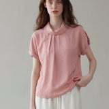 100% Linen Fold-Over Collar Rolled Sleeve Blouse