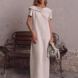 100% Linen Fold-Over Collar Short Sleeve Maxi Dress