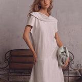 100% Linen Fold-Over Collar Short Sleeve Maxi Dress