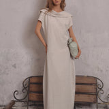 100% Linen Fold-Over Collar Short Sleeve Maxi Dress