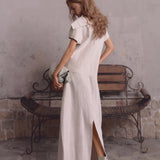 100% Linen Fold-Over Collar Short Sleeve Maxi Dress