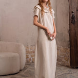 100% Linen Fold-Over Collar Short Sleeve Maxi Dress