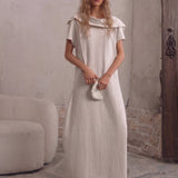100% Linen Fold-Over Collar Short Sleeve Maxi Dress