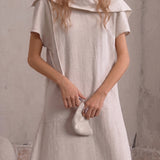 100% Linen Fold-Over Collar Short Sleeve Maxi Dress
