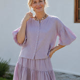 100% Linen Full Button Front Puff Bubble Three-Quarter Sleeve Blouse