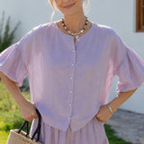 100% Linen Full Button Front Puff Bubble Three-Quarter Sleeve Blouse