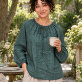 100% Linen Gathered-Neck Raglan-Sleeve Relaxed Top
