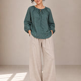 100% Linen Gathered-Neck Raglan-Sleeve Relaxed Top