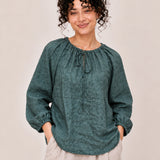100% Linen Gathered-Neck Raglan-Sleeve Relaxed Top