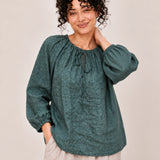 100% Linen Gathered-Neck Raglan-Sleeve Relaxed Top
