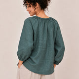 100% Linen Gathered-Neck Raglan-Sleeve Relaxed Top
