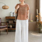 100% Linen Gathered Cap Sleeve Peplum Blouse