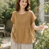 100% Linen Gathered Cap Sleeve Peplum Blouse