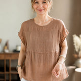 100% Linen Gathered Cap Sleeve Peplum Blouse
