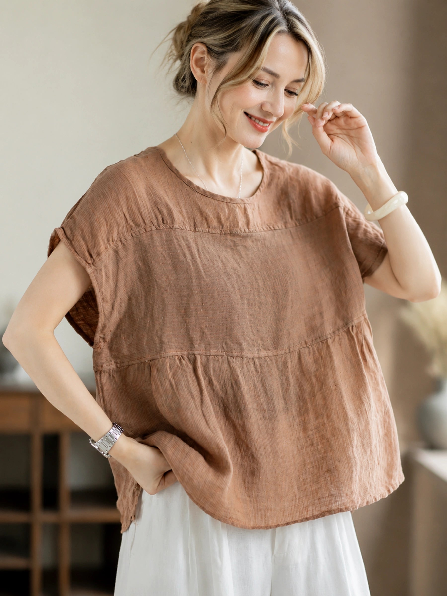 100% Linen Gathered Cap Sleeve Peplum Blouse