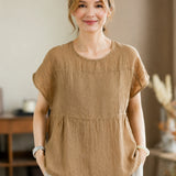 100% Linen Gathered Cap Sleeve Peplum Blouse