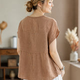 100% Linen Gathered Cap Sleeve Peplum Blouse