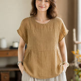 100% Linen Gathered Cap Sleeve Peplum Blouse
