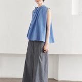 100% Linen Gathered Neck Side Button Tank Top