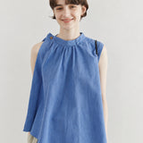 100% Linen Gathered Neck Side Button Tank Top
