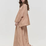 100% Linen Gathered Neck Tie Detail Blouse