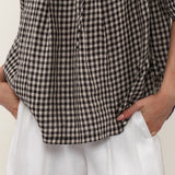 100% Linen Gingham 3/4 Sleeve Tunic Blouse