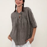 100% Linen Gingham 3/4 Sleeve Tunic Blouse