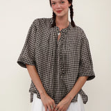 100% Linen Gingham 3/4 Sleeve Tunic Blouse