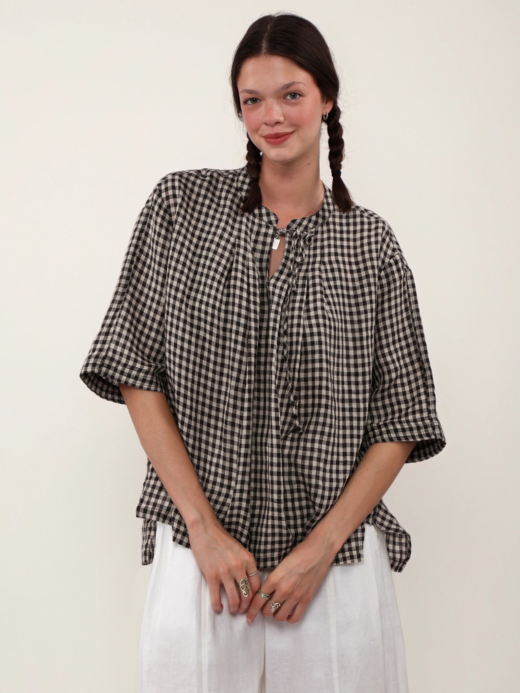 100% Linen Gingham 3/4 Sleeve Tunic Blouse