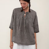 100% Linen Gingham 3/4 Sleeve Tunic Blouse