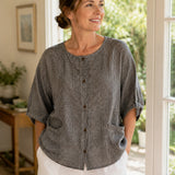 100% Linen Gingham Button Front Pocket Blouse