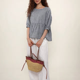 100% Linen Gingham Lantern Sleeve Peplum Blouse