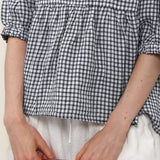 100% Linen Gingham Lantern Sleeve Peplum Blouse